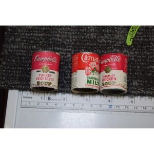 3 Vintage 1970's Mini 1.5" Campbells Soup Toy Cans Turkey Vegetable Milk Chicken